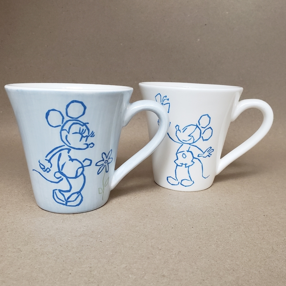 Disney's Minnie Mouse and Mickey Coffee mug set. Blue & White Sketched #16 & 27